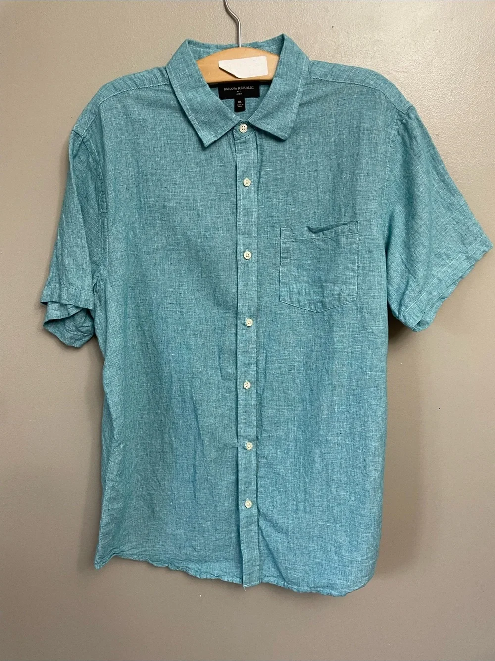 Banana Republic Mens XL Slim Fit Linen Short Sleeve Button Down Shirt blue green